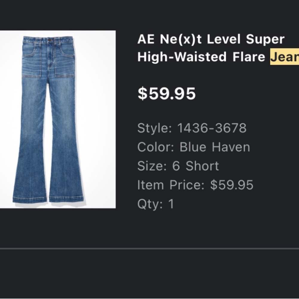 American Eagle Next Level Stretch Super High Waisted Flare Jeans, size 6 SHORT